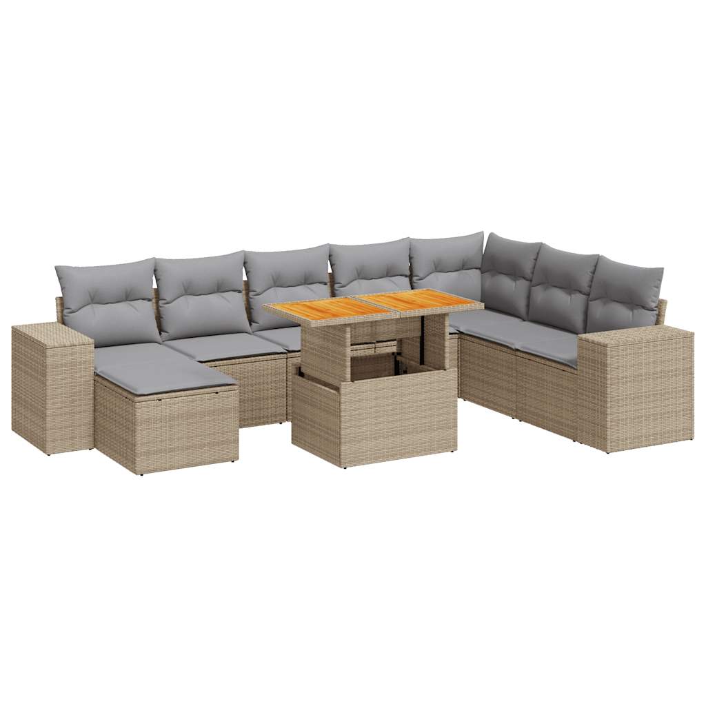 Set Divano da Giardino 9 pz con Cuscini Beige Polyrattan Acacia