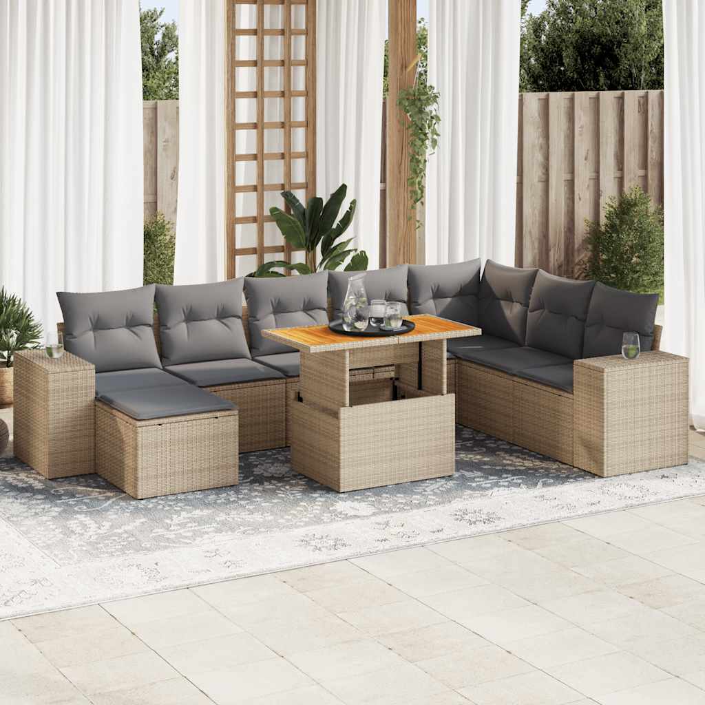 Set Divano da Giardino 9 pz con Cuscini Beige Polyrattan Acacia