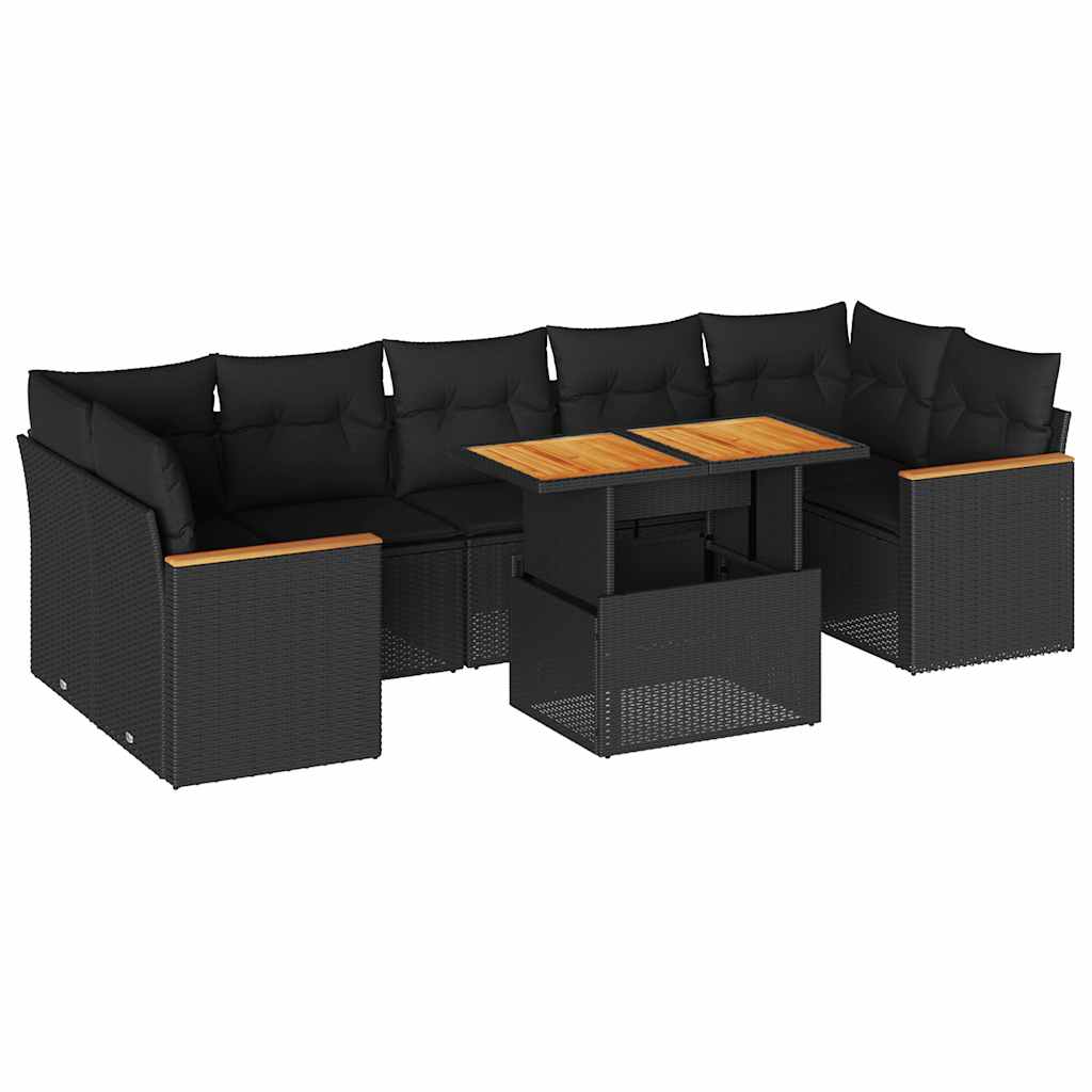 Set Divani da Giardino con Cuscini 7pz Nero Polyrattan Acacia