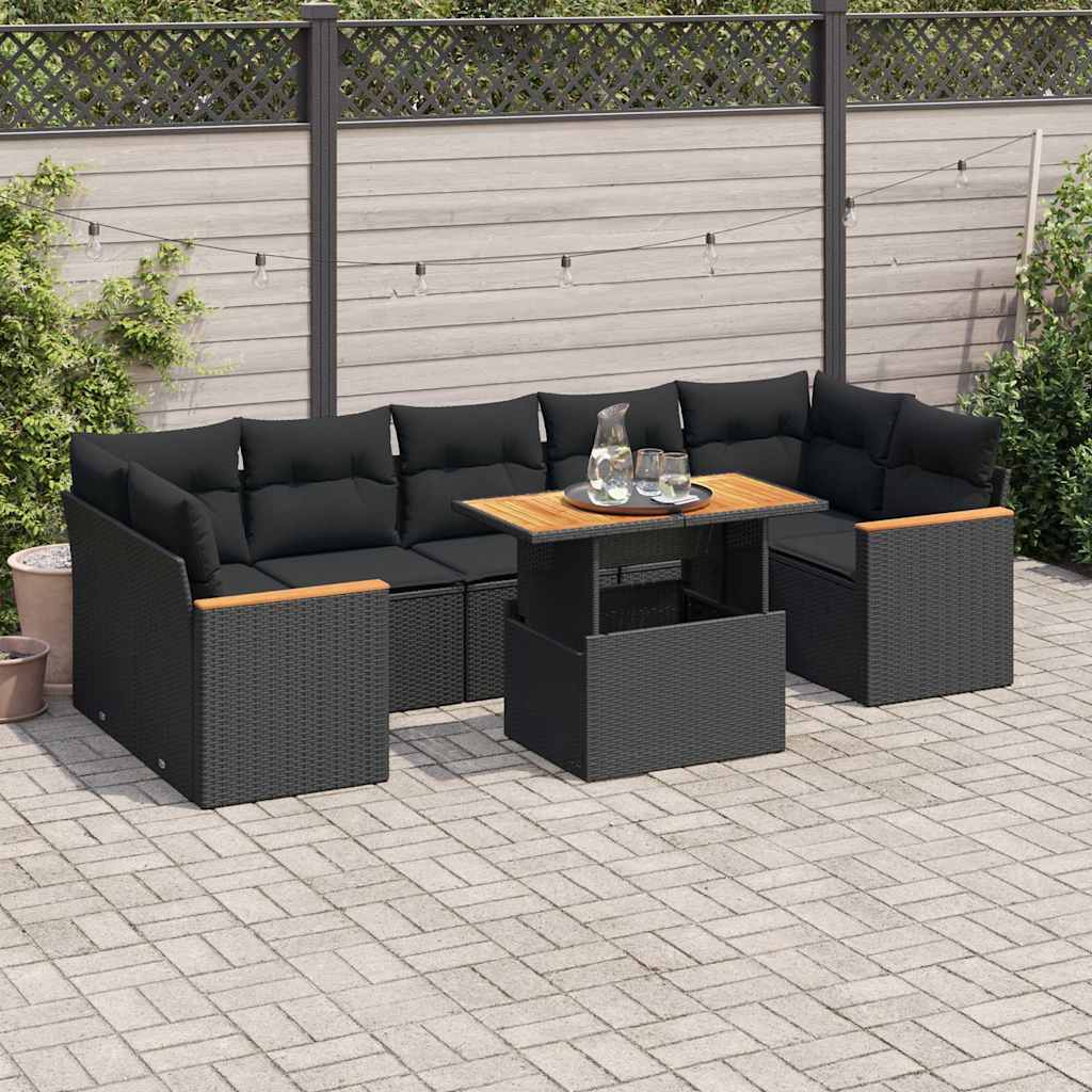 Set Divani da Giardino con Cuscini 7pz Nero Polyrattan Acacia