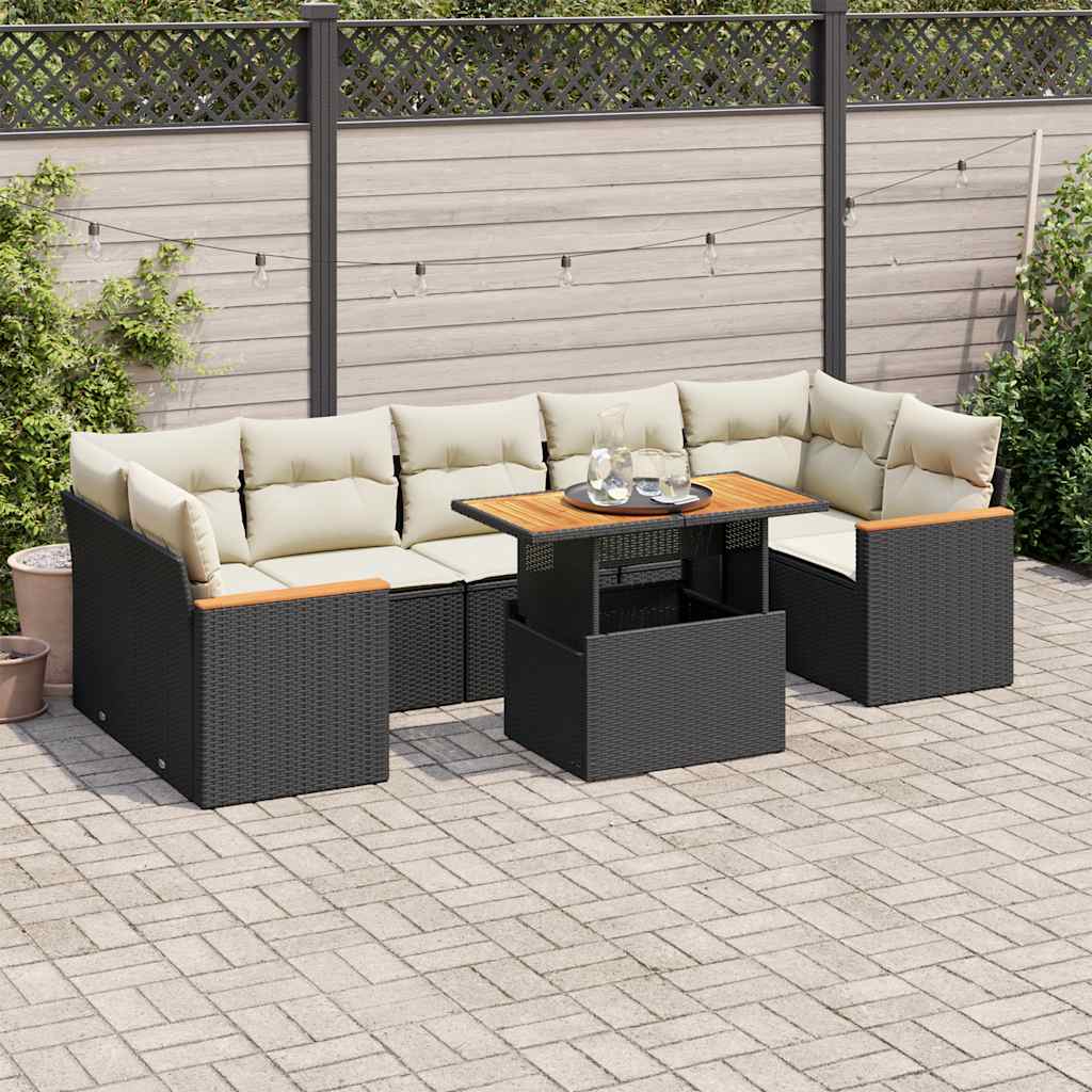 Set Divani da Giardino con Cuscini 7pz Nero Polyrattan Acacia