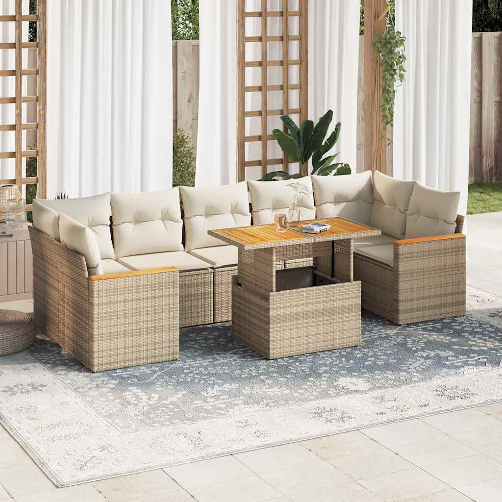 Set Divano da Giardino 8 pz con Cuscini Beige Polyrattan Acacia