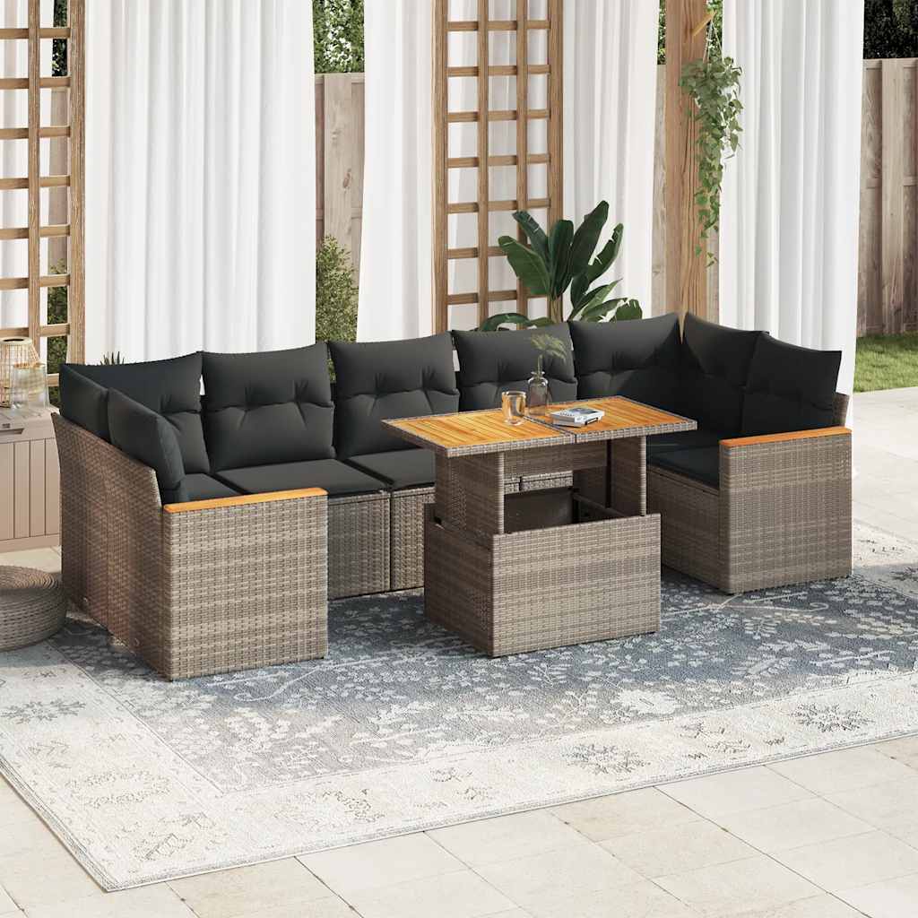 Set Divano da Giardino 8pz con Cuscini Grigio Polyrattan Acacia