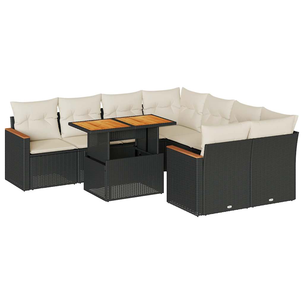 Set Divani da Giardino 9 pz con Cuscini Nero Polyrattan Acacia