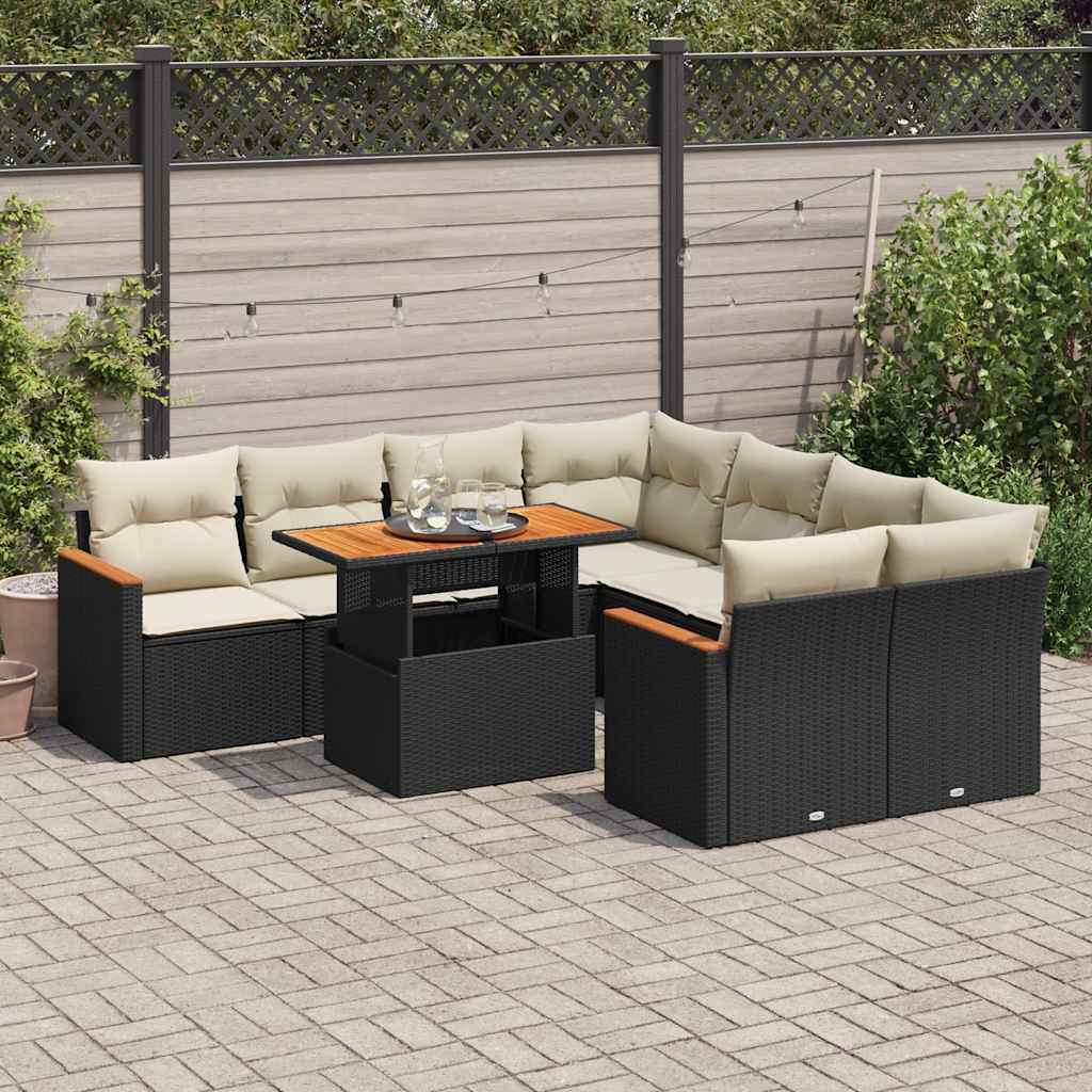 Set Divani da Giardino 9 pz con Cuscini Nero Polyrattan Acacia