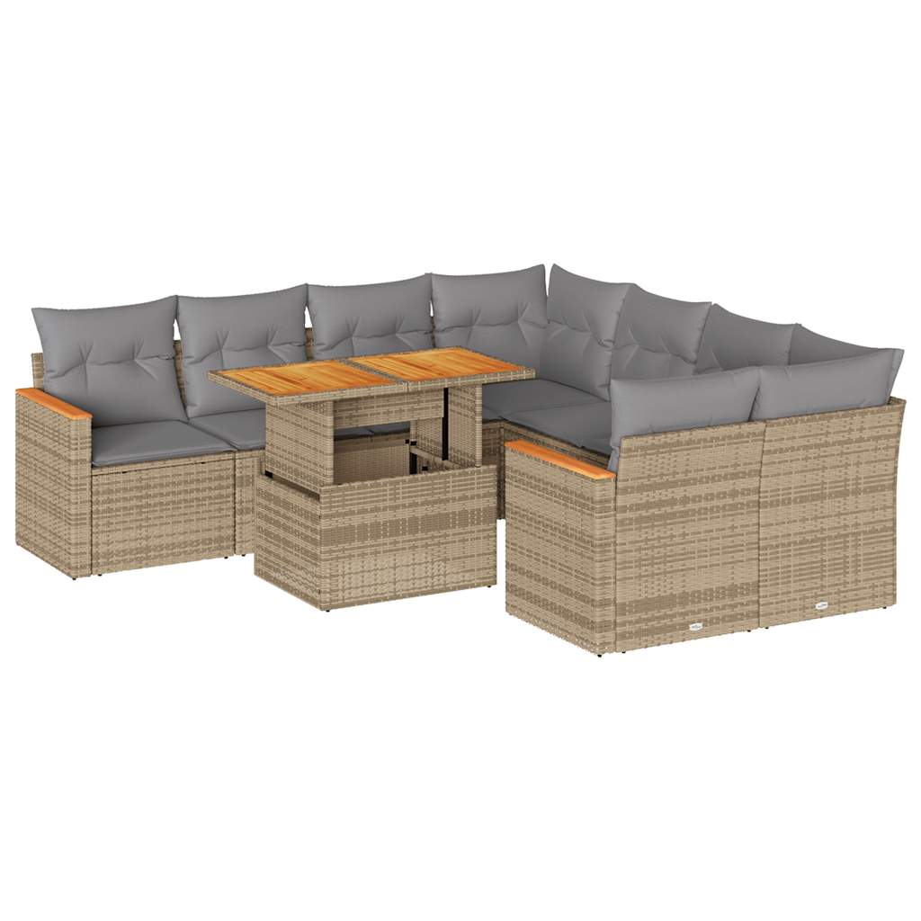 Set Divano da Giardino 9 pz con Cuscini Beige Polyrattan Acacia