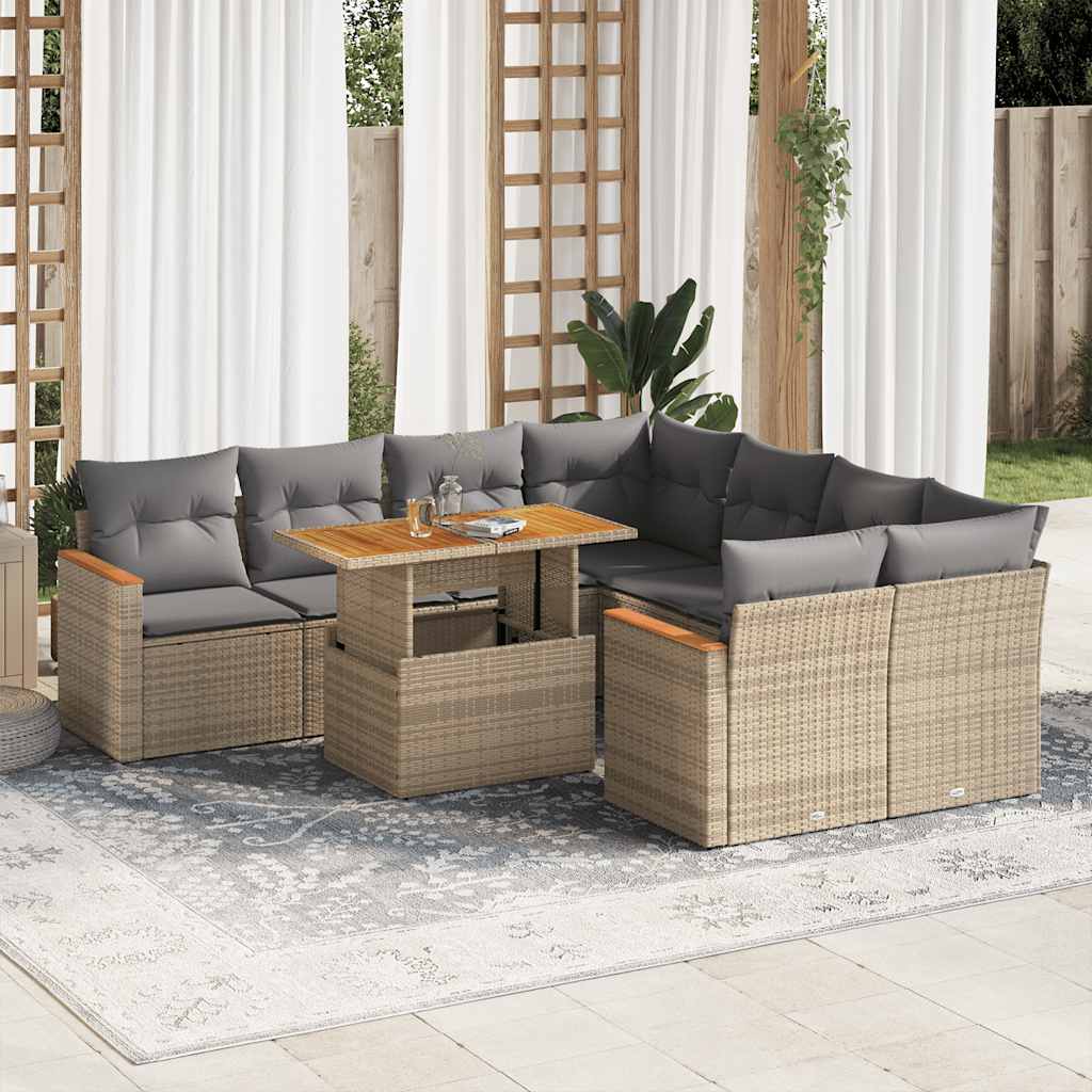 Set Divano da Giardino 9 pz con Cuscini Beige Polyrattan Acacia