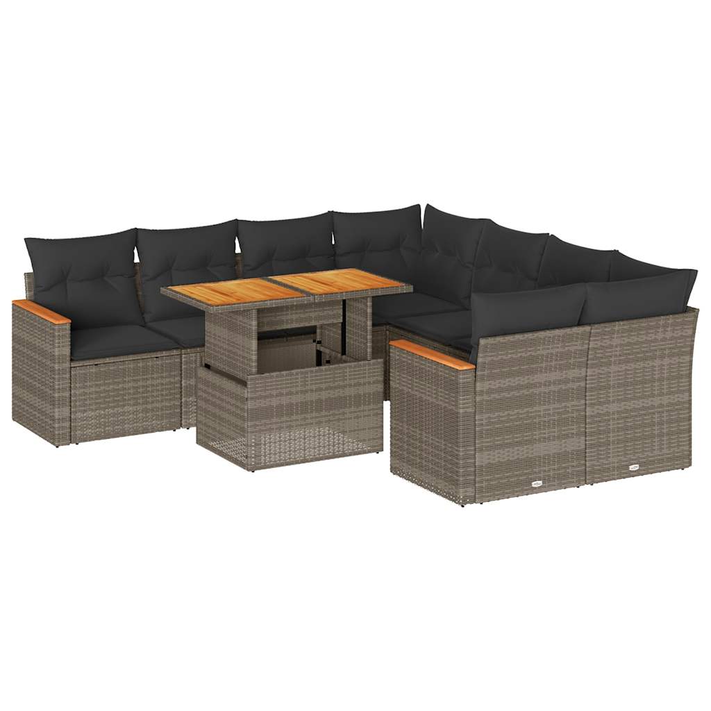 Set Divano da Giardino 9pz con Cuscini Grigio Polyrattan Acacia