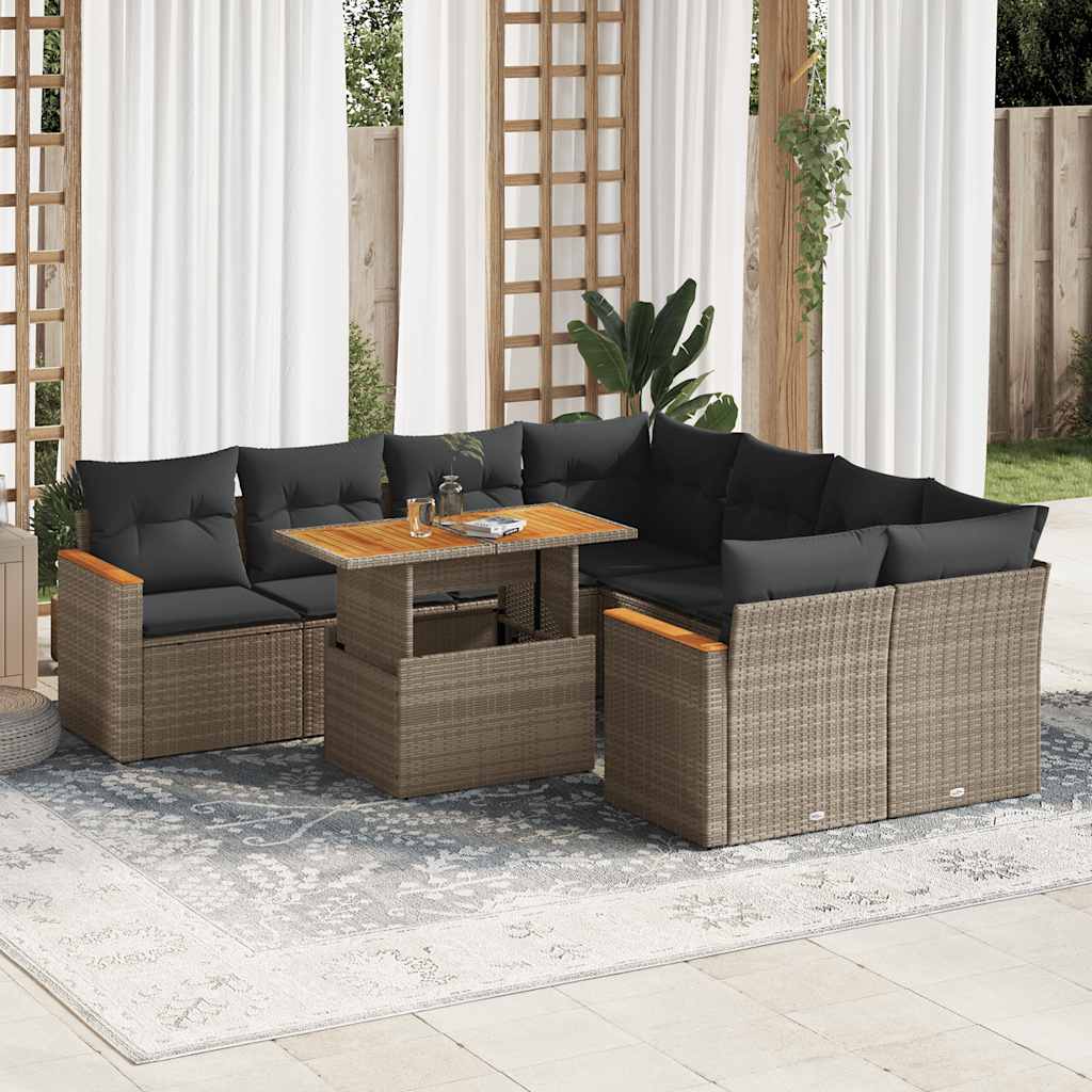 Set Divano da Giardino 9pz con Cuscini Grigio Polyrattan Acacia