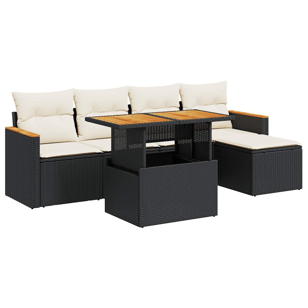 Set Divano da Giardino 6 pz con Cuscini Nero Polyrattan Acacia