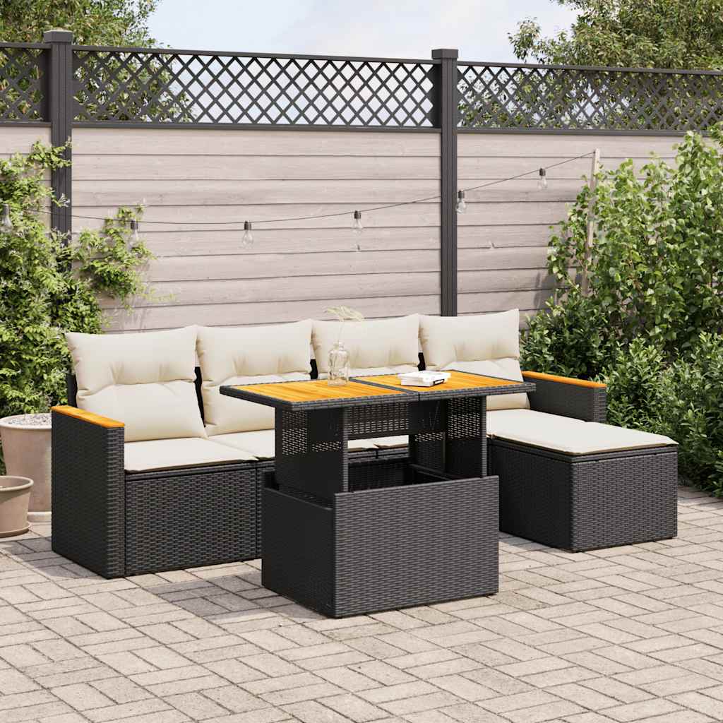 Set Divano da Giardino 6 pz con Cuscini Nero Polyrattan Acacia