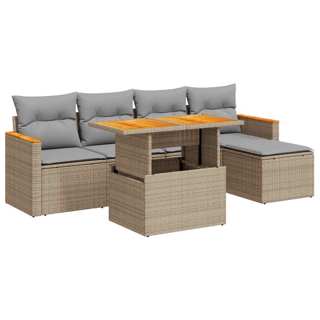 Set Divano da Giardino 6 pz con Cuscini Beige Polyrattan Acacia