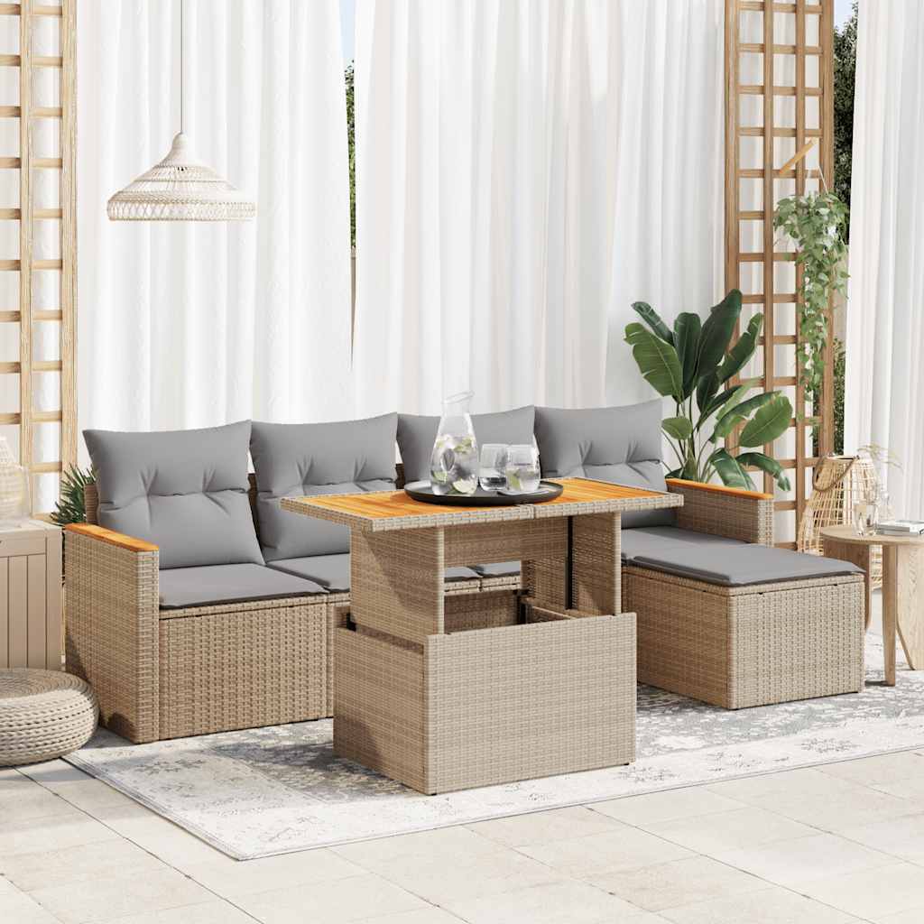 Set Divano da Giardino 6 pz con Cuscini Beige Polyrattan Acacia