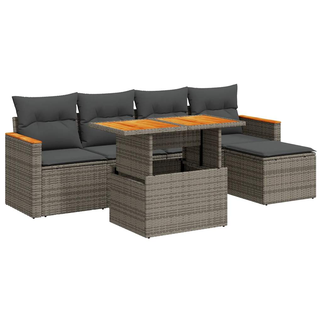 Set Divano da Giardino 6pz con Cuscini Grigio Polyrattan Acacia