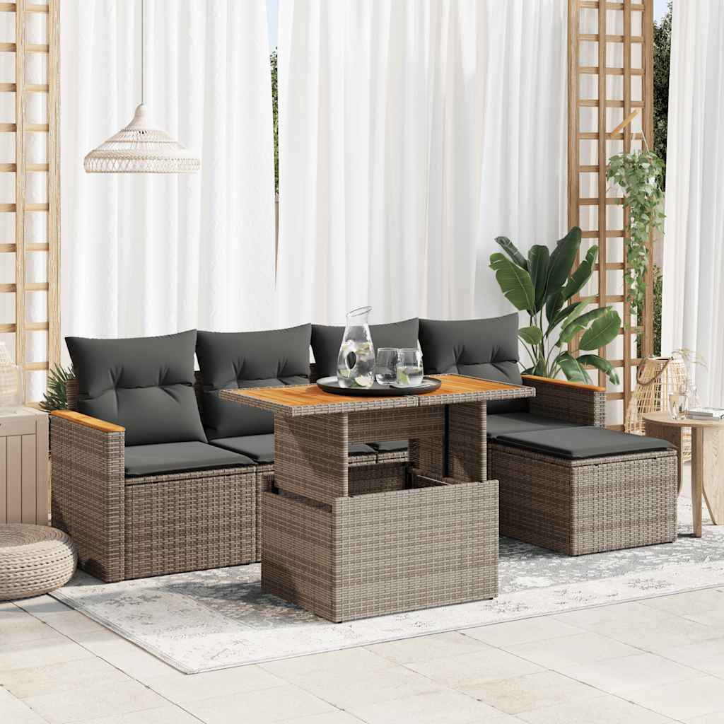 Set Divano da Giardino 6pz con Cuscini Grigio Polyrattan Acacia