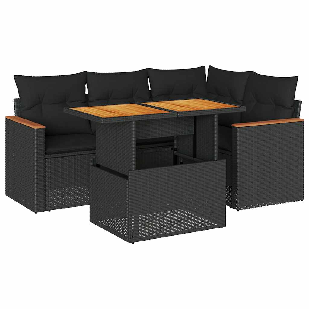 Set Divani da Giardino 5 pz con Cuscini Nero Polyrattan Acacia