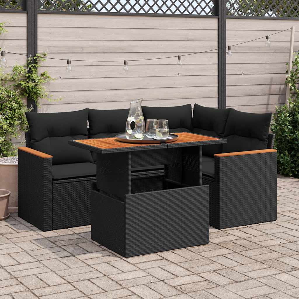 Set Divani da Giardino 5 pz con Cuscini Nero Polyrattan Acacia