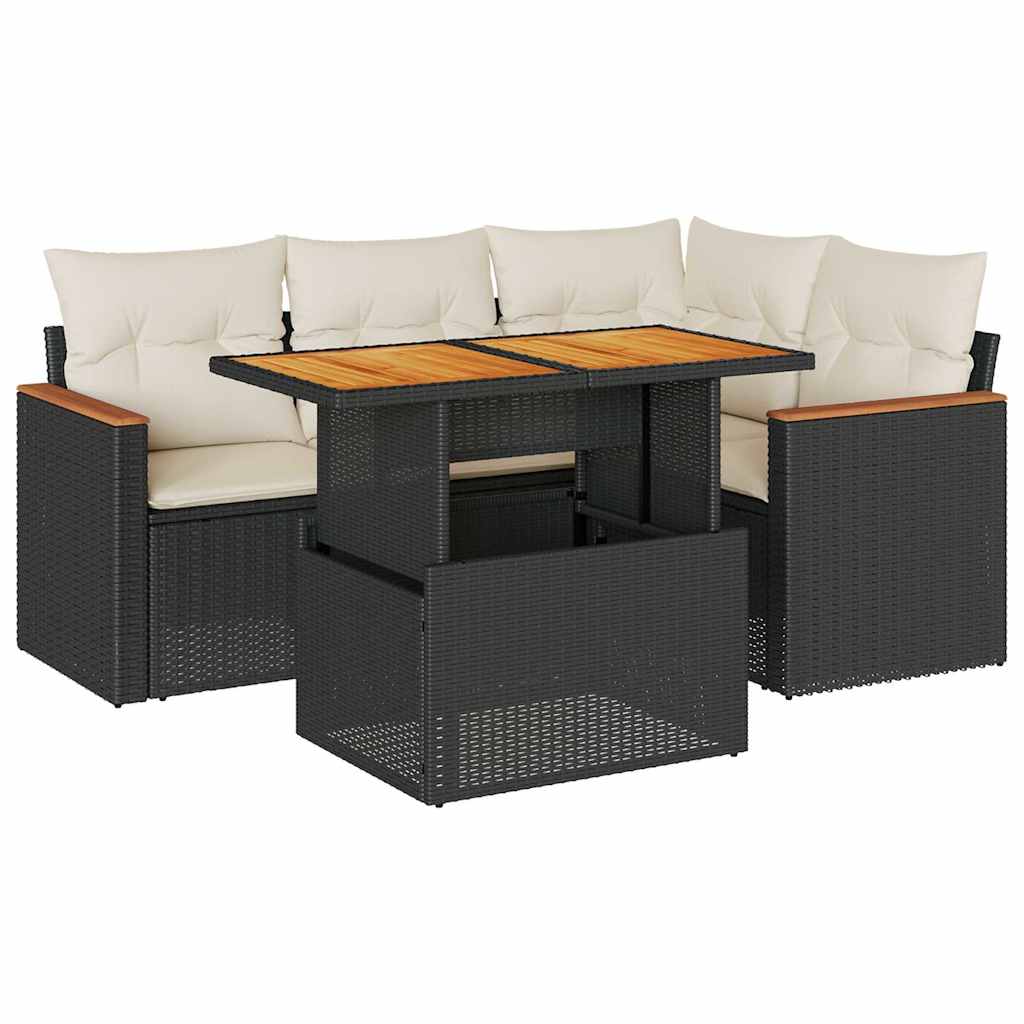 Set Divani da Giardino 5 pz con Cuscini Nero Polyrattan Acacia