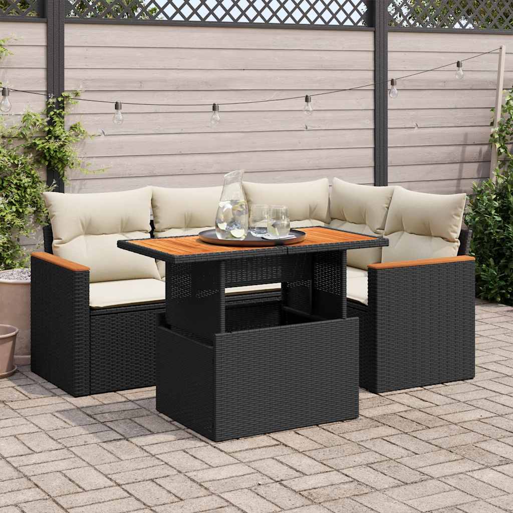 Set Divani da Giardino 5 pz con Cuscini Nero Polyrattan Acacia