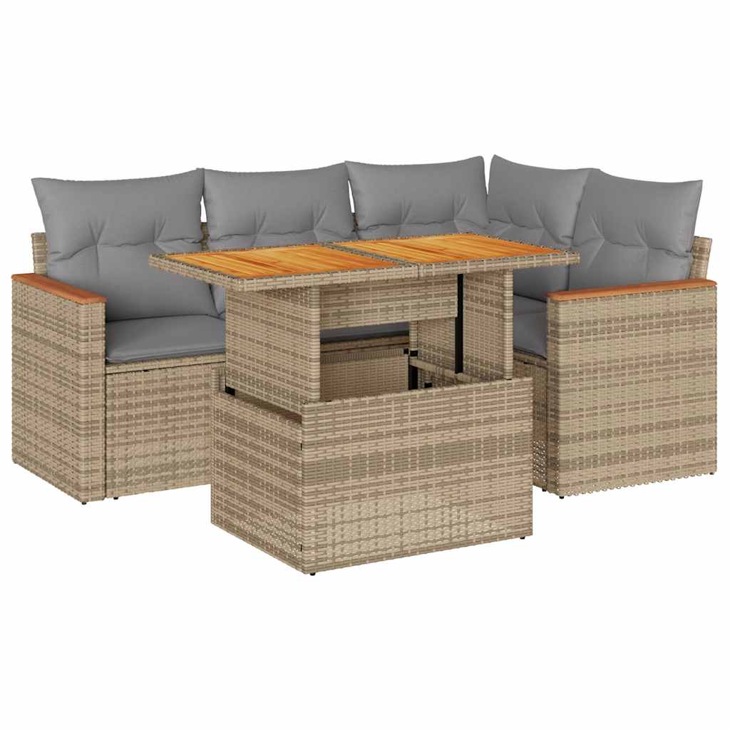 Set Divano da Giardino 5 pz con Cuscini Beige Polyrattan Acacia