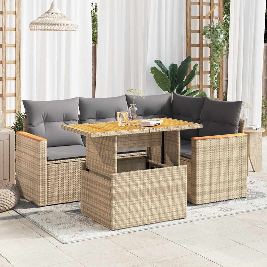 Set Divano da Giardino 5 pz con Cuscini Beige Polyrattan Acacia