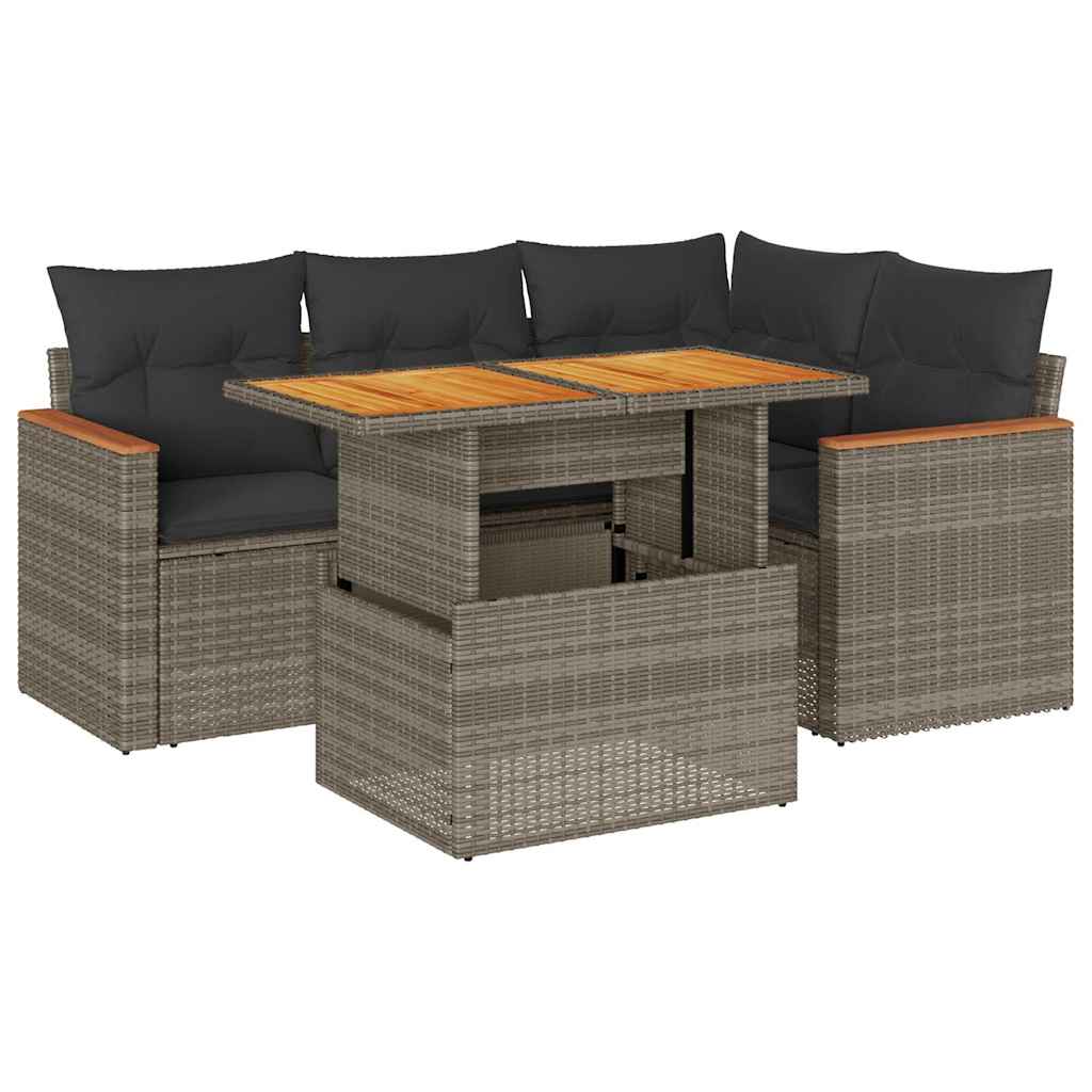 Set Divano Giardino 5 pz con Cuscini Grigio Polyrattan Acacia