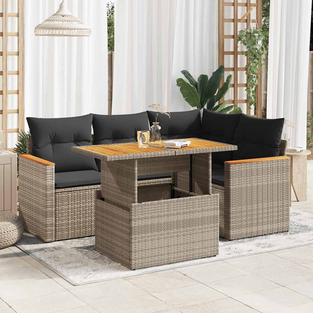 Set Divano Giardino 5 pz con Cuscini Grigio Polyrattan Acacia