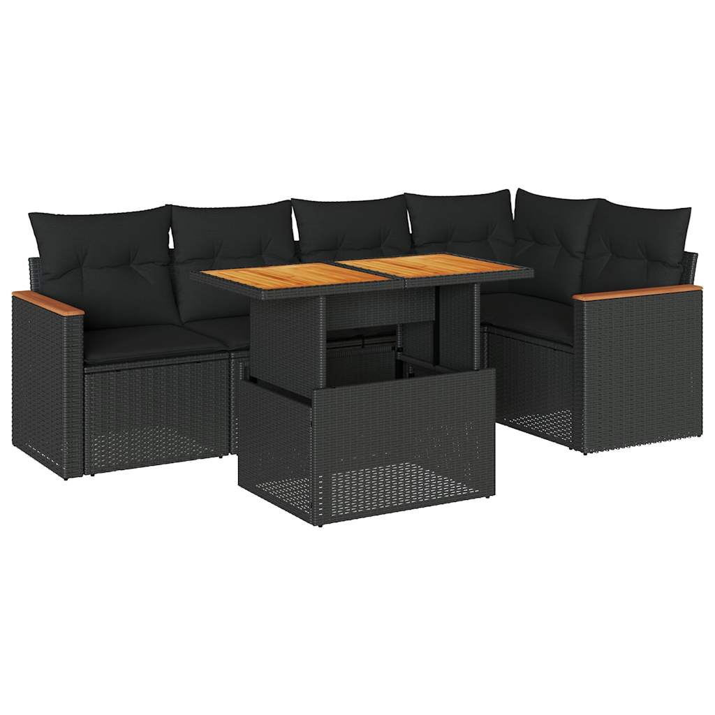 Set Divano da Giardino 6 pz con Cuscini Nero Polyrattan Acacia