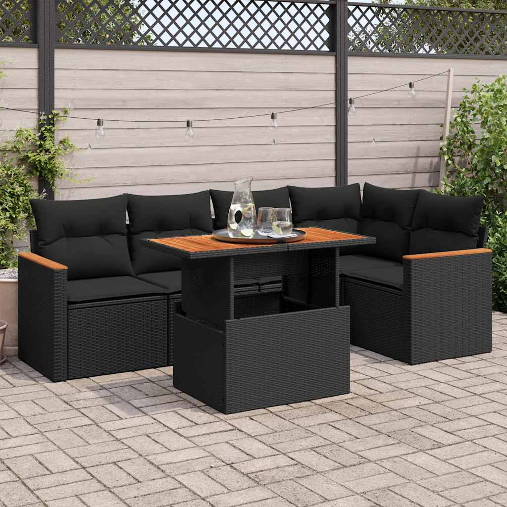 Set Divano da Giardino 6 pz con Cuscini Nero Polyrattan Acacia