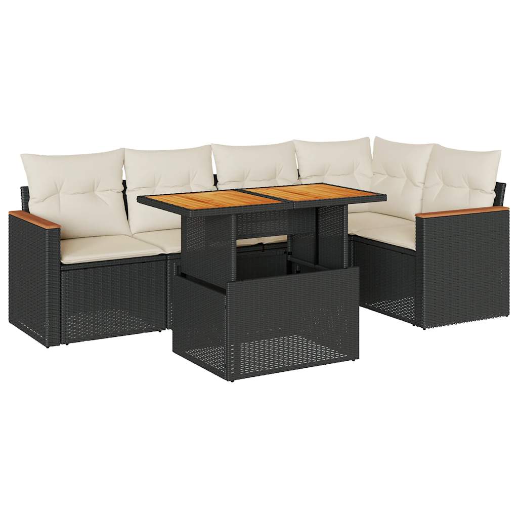 Set Divano da Giardino 6 pz con Cuscini Nero Polyrattan Acacia