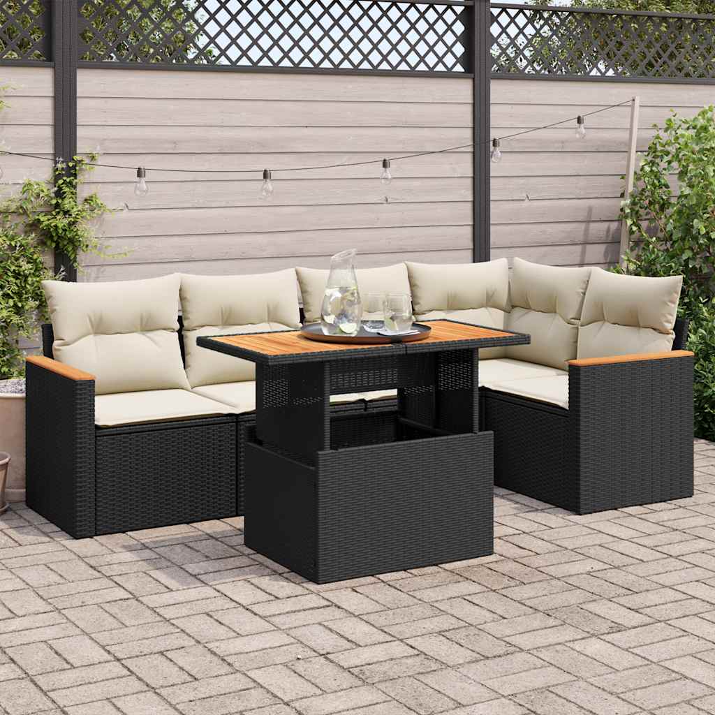 Set Divano da Giardino 6 pz con Cuscini Nero Polyrattan Acacia