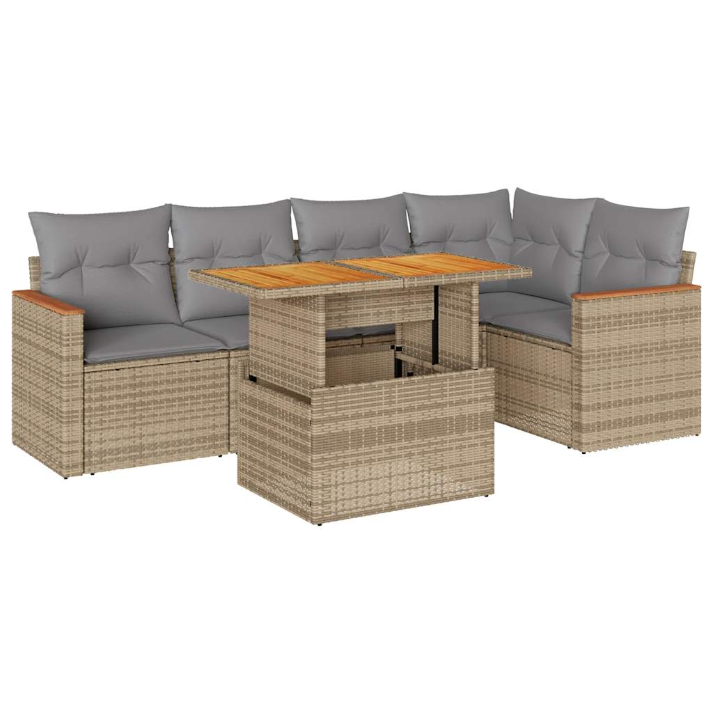 Set Divano da Giardino 6 pz con Cuscini Beige Polyrattan Acacia