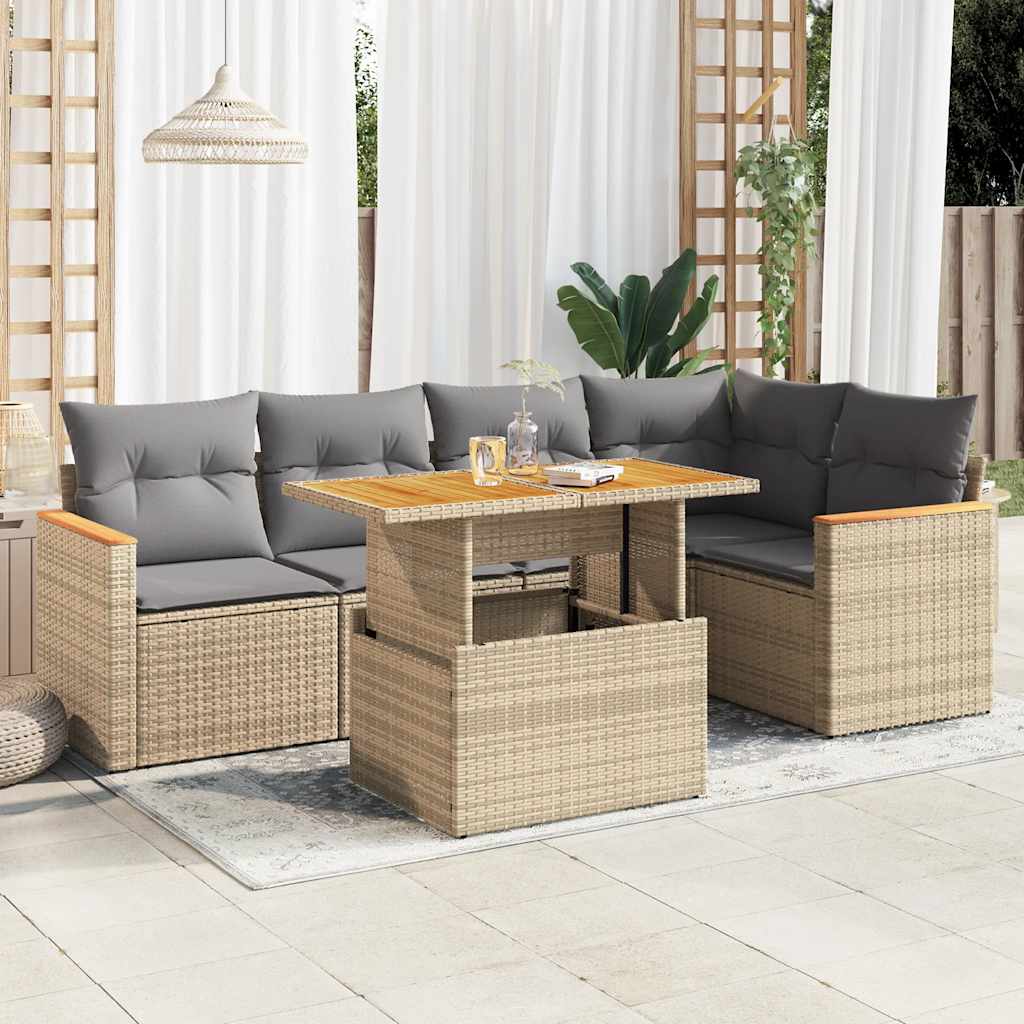 Set Divano da Giardino 6 pz con Cuscini Beige Polyrattan Acacia