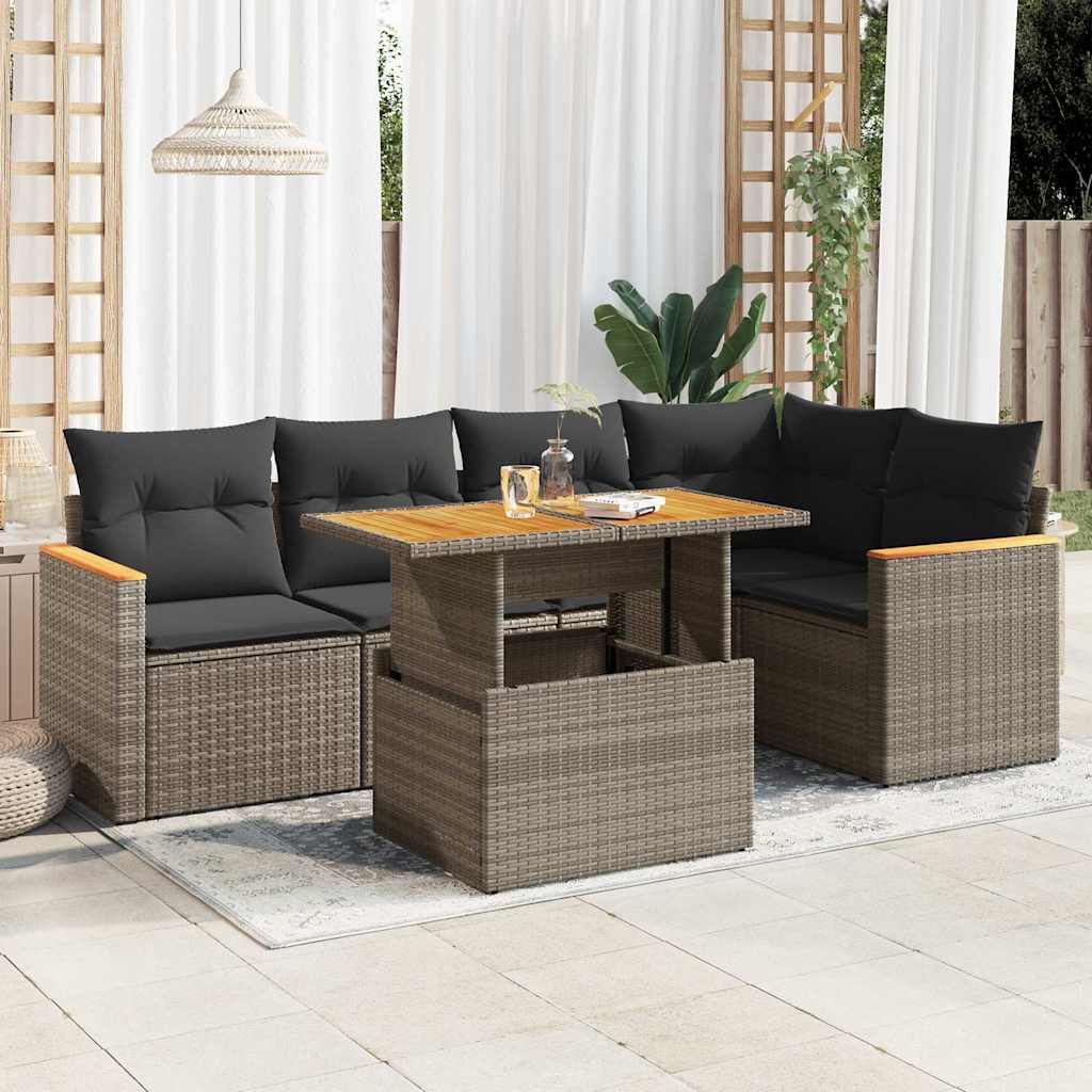 Set Divano da Giardino 6pz con Cuscini Grigio Polyrattan Acacia