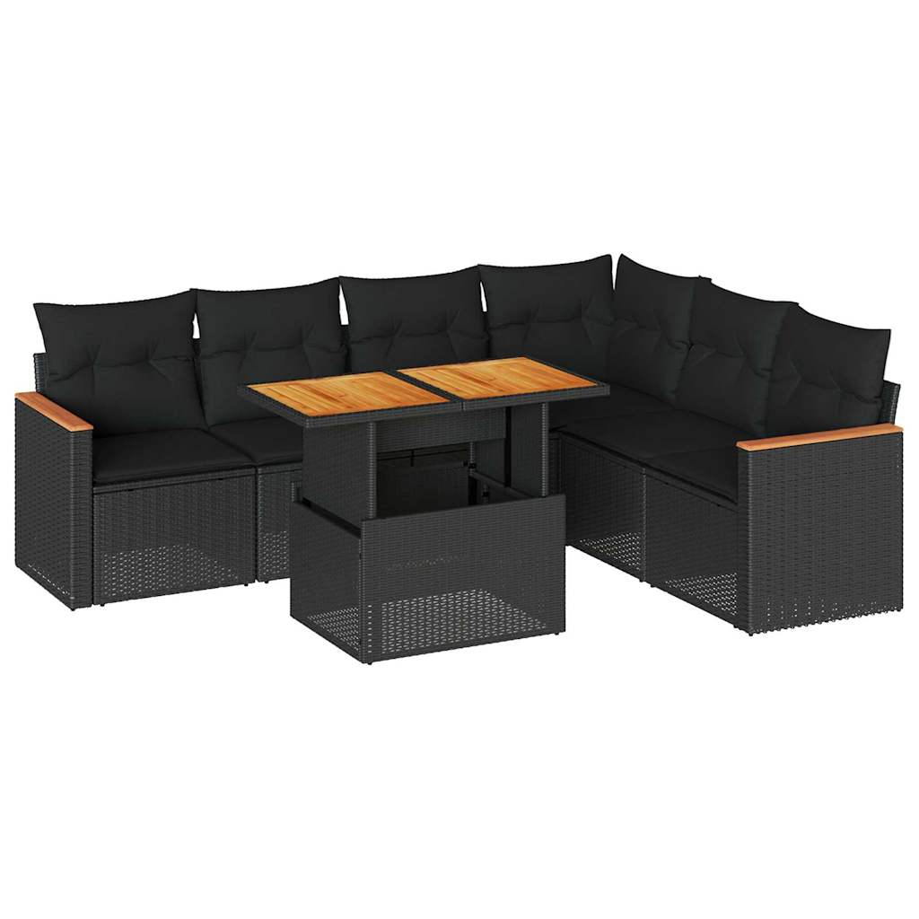 Set Divani da Giardino con Cuscini 7pz Nero Polyrattan Acacia