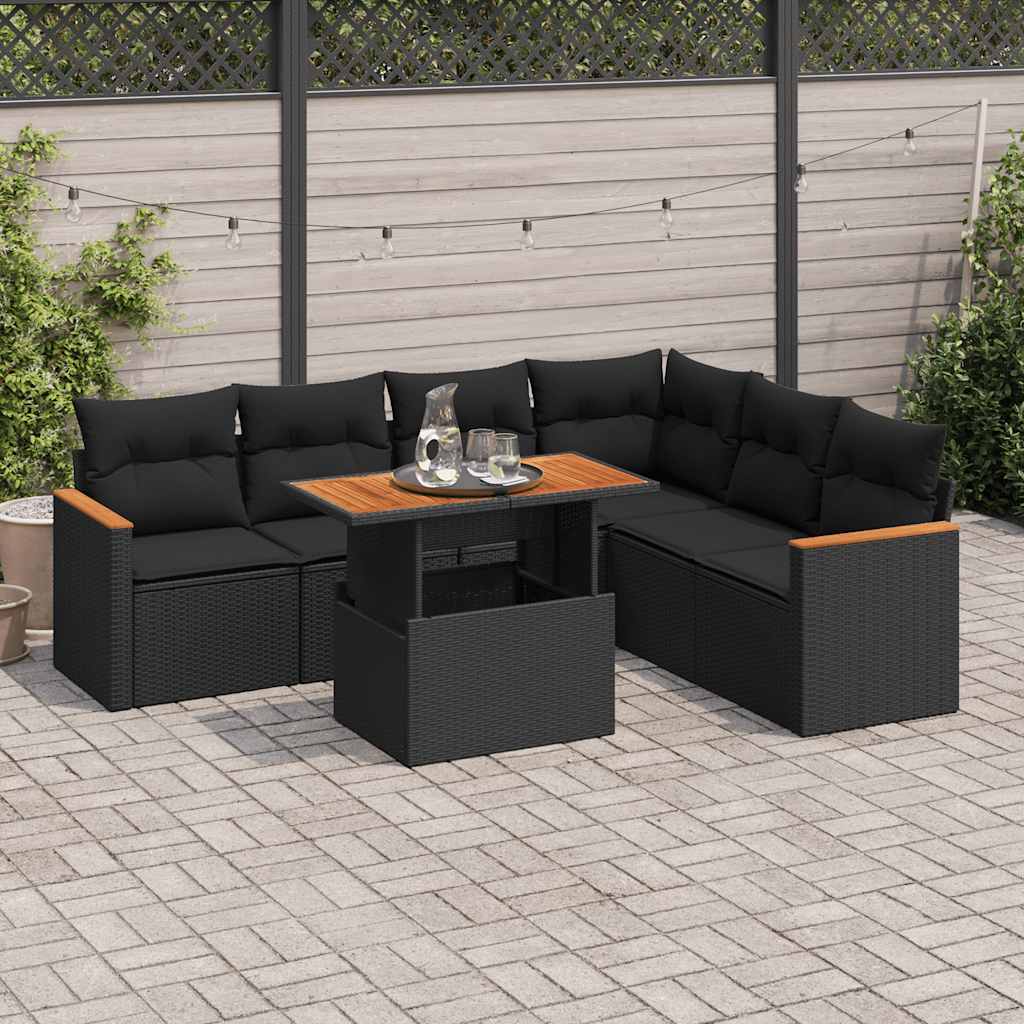 Set Divani da Giardino con Cuscini 7pz Nero Polyrattan Acacia