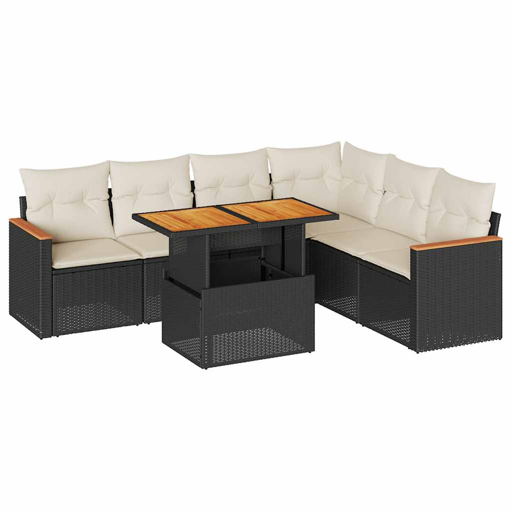 Set Divani da Giardino con Cuscini 7pz Nero Polyrattan Acacia