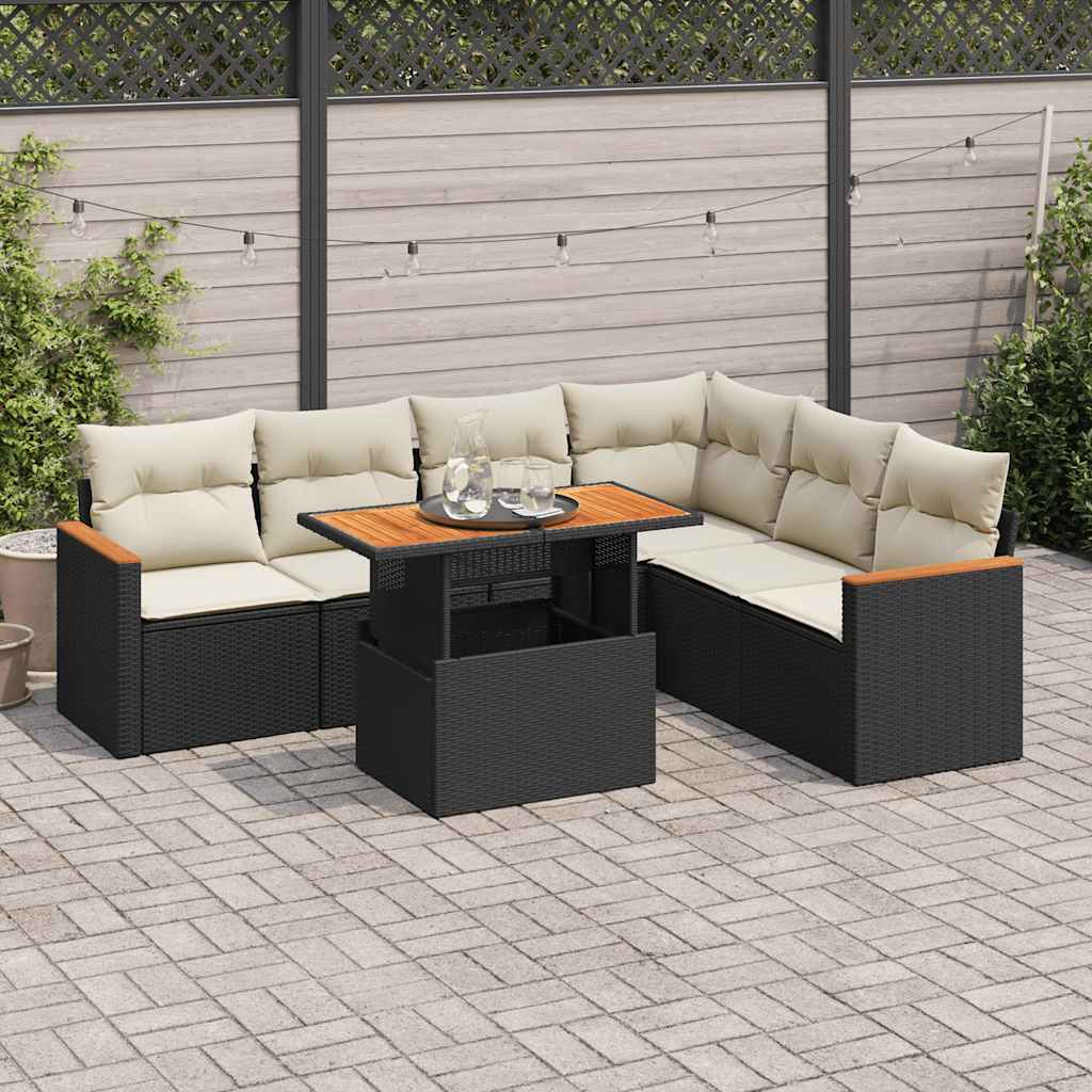 Set Divani da Giardino con Cuscini 7pz Nero Polyrattan Acacia