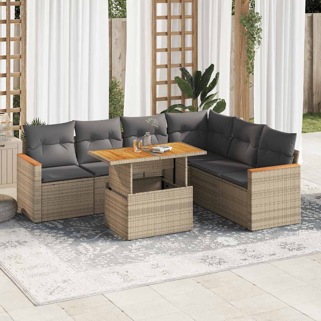 Set Divani da Giardino 7 pz con Cuscini Beige Polyrattan Acacia