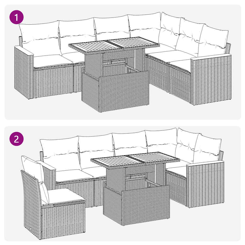 Set Divani da Giardino 7pz con Cuscini Grigio Polyrattan Acacia