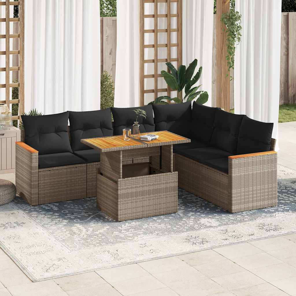 Set Divani da Giardino 7pz con Cuscini Grigio Polyrattan Acacia