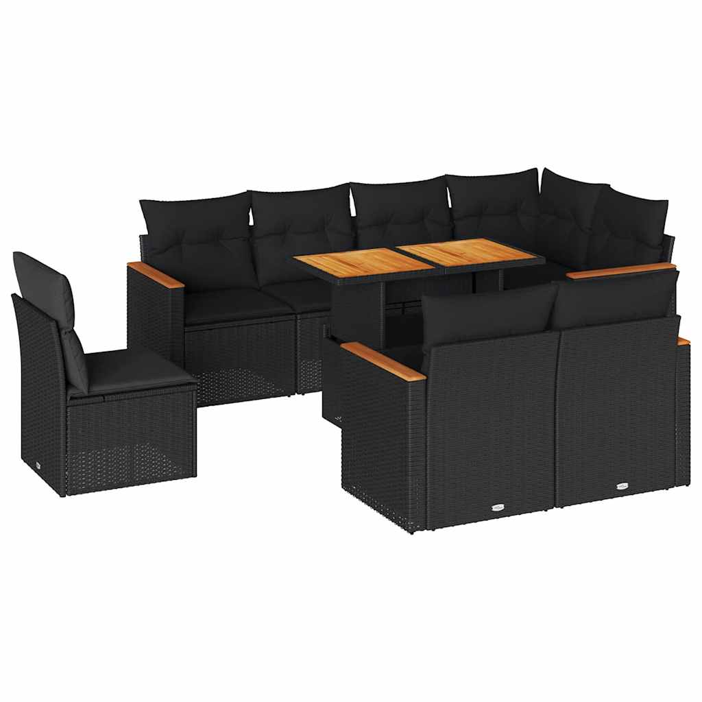 Set Divani da Giardino 9 pz con Cuscini Nero Polyrattan Acacia