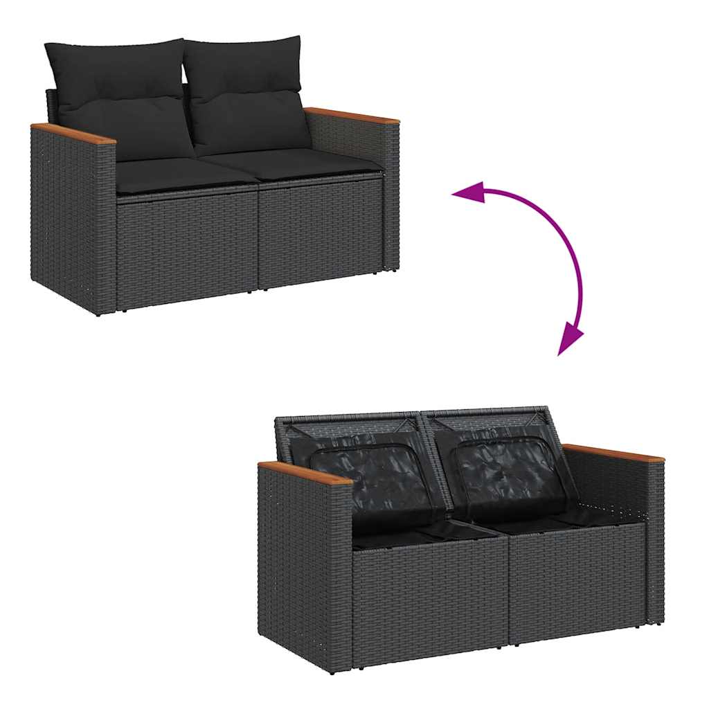 Set Divani da Giardino 9 pz con Cuscini Nero Polyrattan Acacia