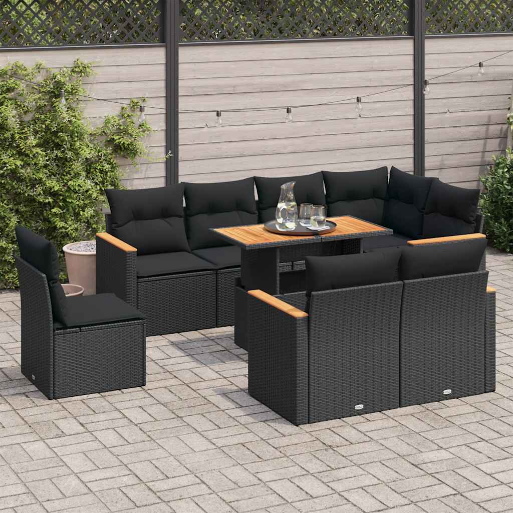 Set Divani da Giardino 9 pz con Cuscini Nero Polyrattan Acacia