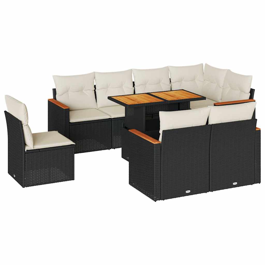 Set Divani da Giardino 9 pz con Cuscini Nero Polyrattan Acacia