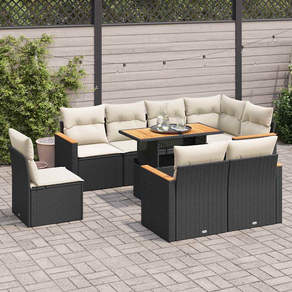 Set Divani da Giardino 9 pz con Cuscini Nero Polyrattan Acacia