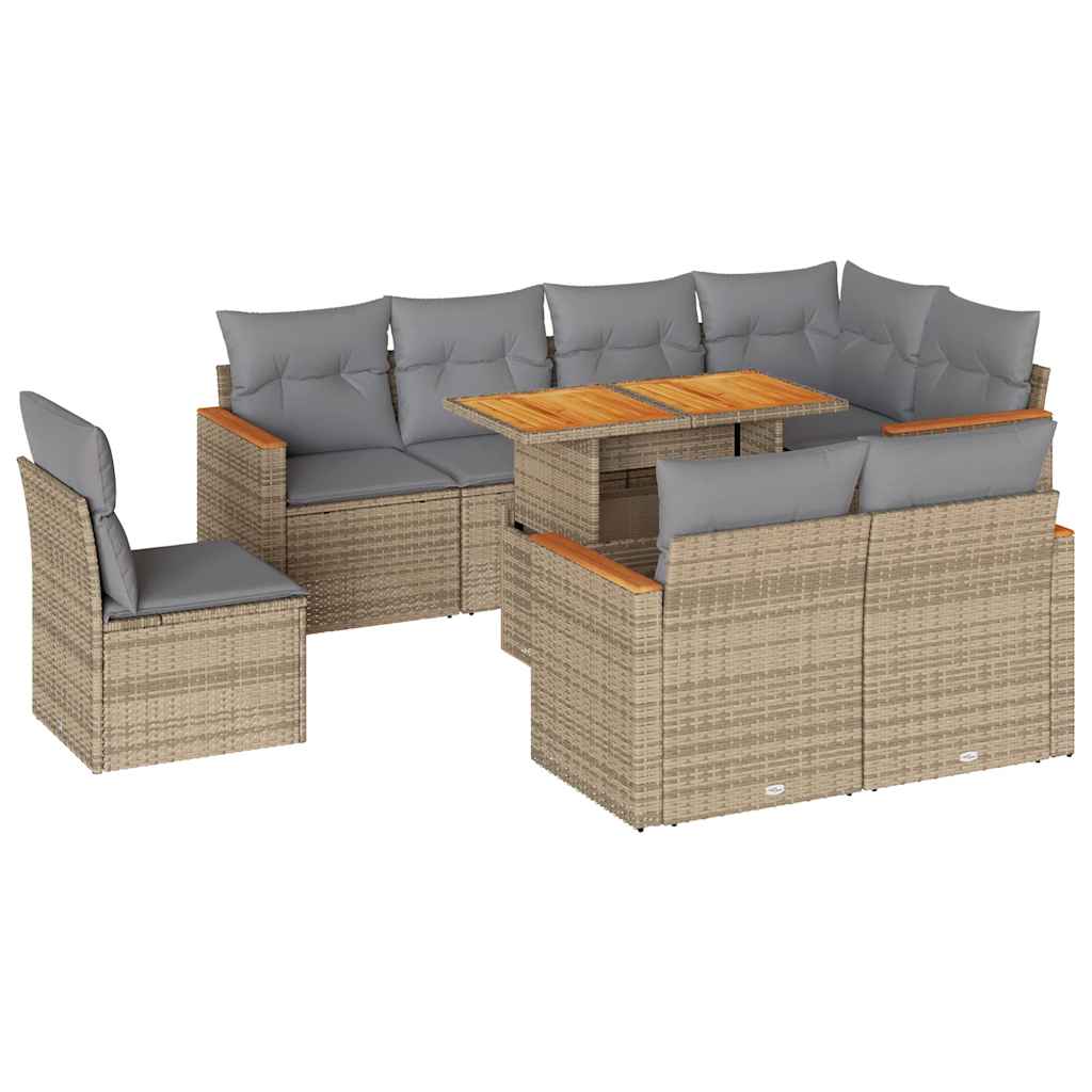 Set Divano da Giardino 9 pz con Cuscini Beige Polyrattan Acacia