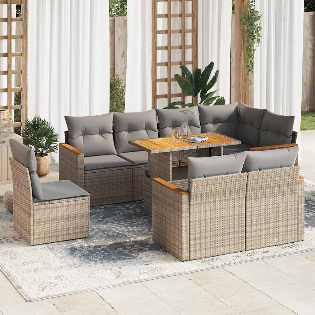 Set Divano da Giardino 9 pz con Cuscini Beige Polyrattan Acacia