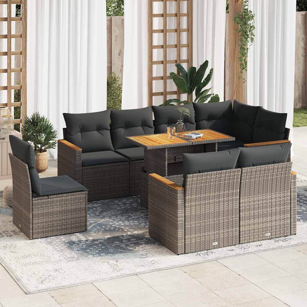 Set Divano da Giardino 9pz con Cuscini Grigio Polyrattan Acacia