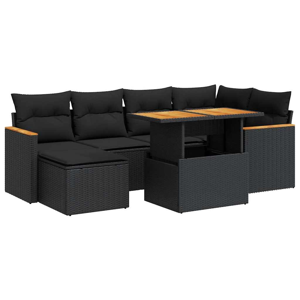 Set Divani da Giardino con Cuscini 7pz Nero Polyrattan Acacia